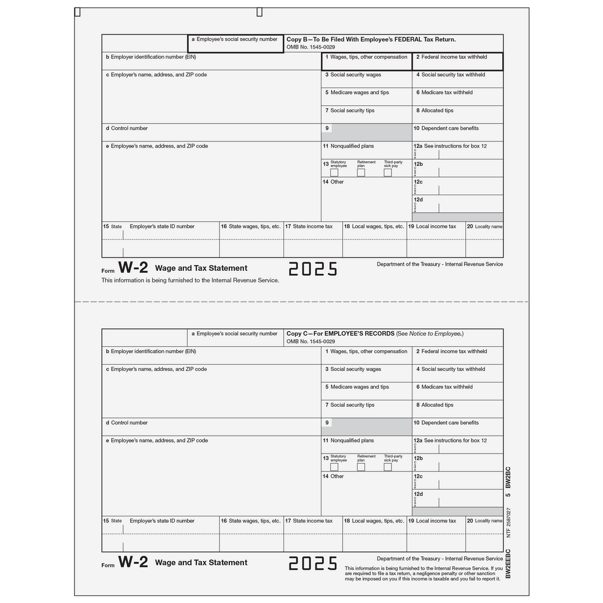 Form W-2 Employee Federal and Record Copies B/C