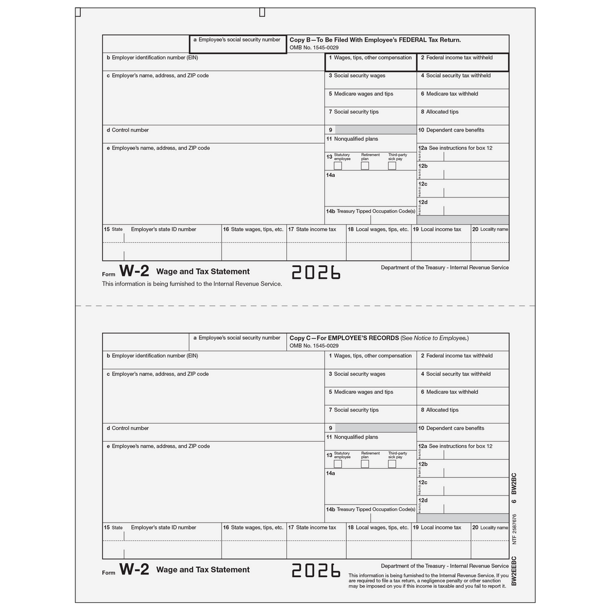 2026 W-2 Employee 2-Up Copies B/C Preprinted Laser Forms