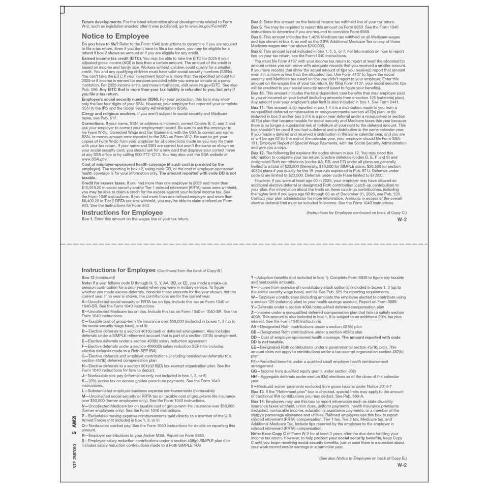Form W-2 Employee Federal and Record Copies B/C
