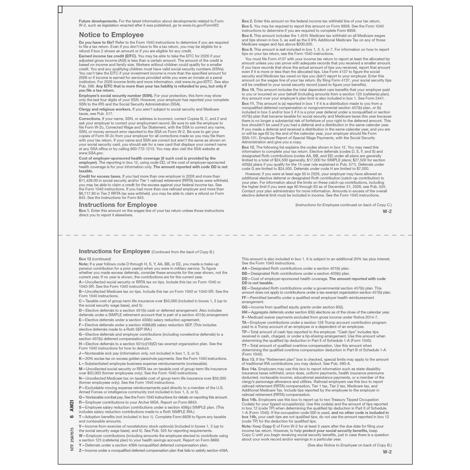 2026 W-2 Employee 2-Up Copies B/C Preprinted Laser Forms