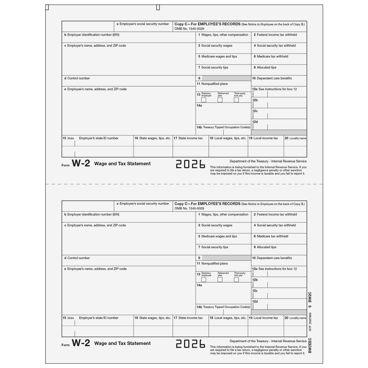 2026 W-2 Employee File Copy C Preprinted Laser Forms