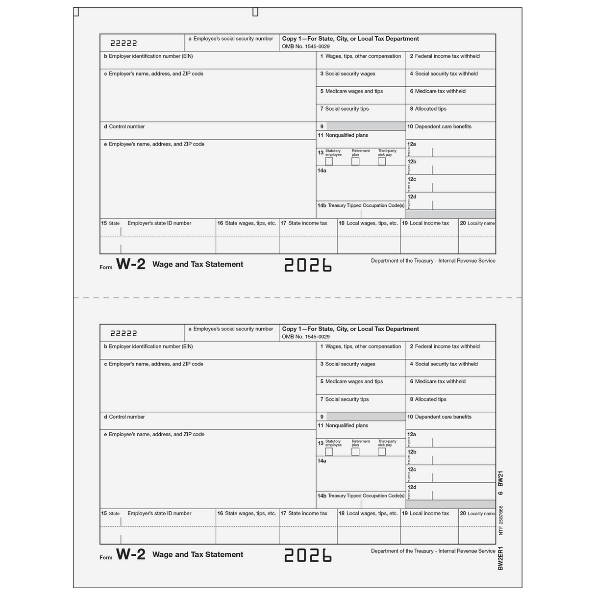 2026 W-2 Employer State/City Copy 1 Preprinted Laser Forms