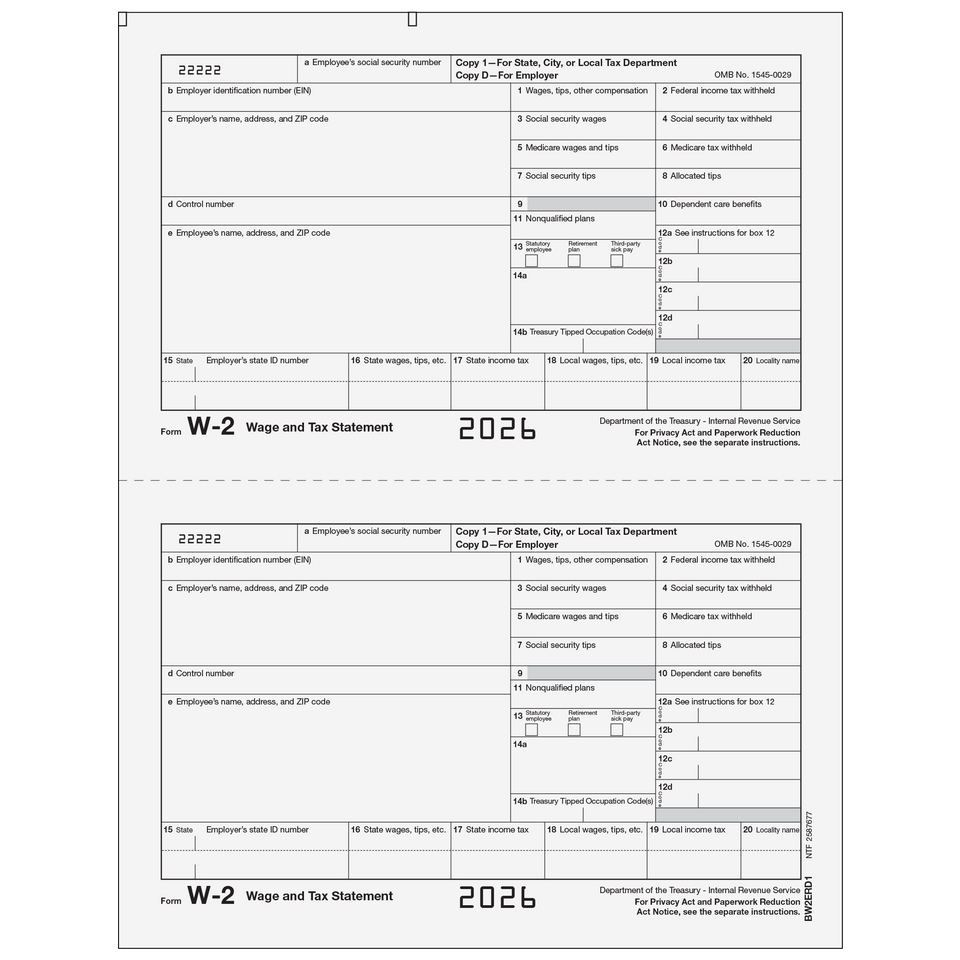 2026 W-2 Employer 2-Up Copies D/1 Preprinted Laser Forms