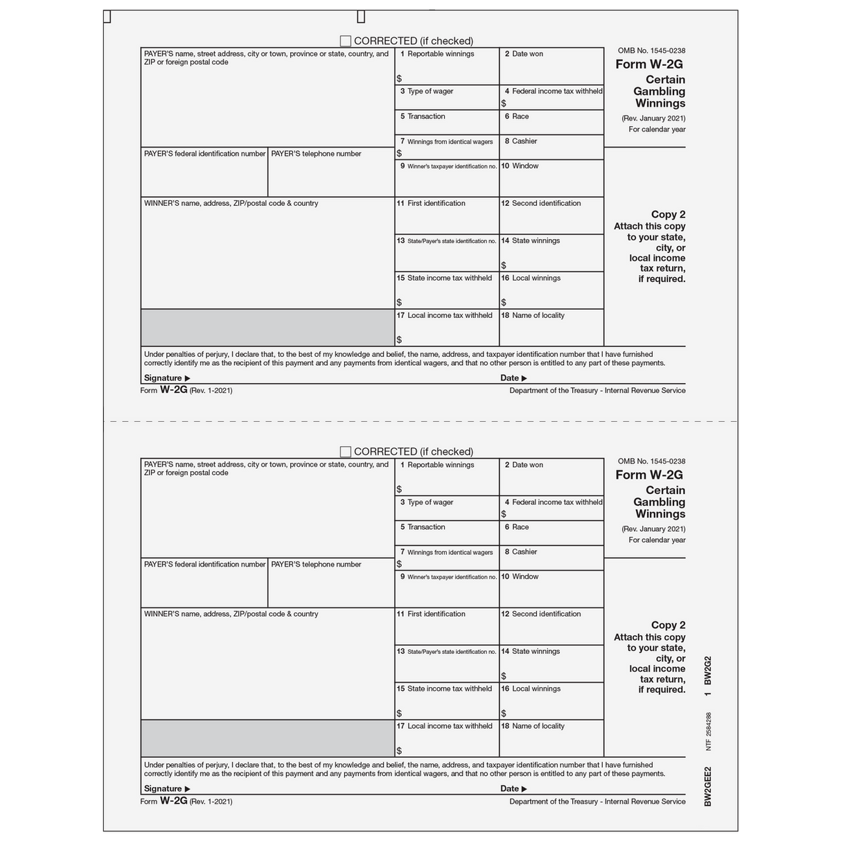 W-2G Certain Gambling Winnings, Winner State, City, Local, Copy 2 - 25 Qty