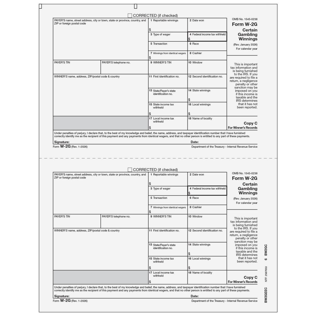 2026 W-2G Winner Record Copy C Forms