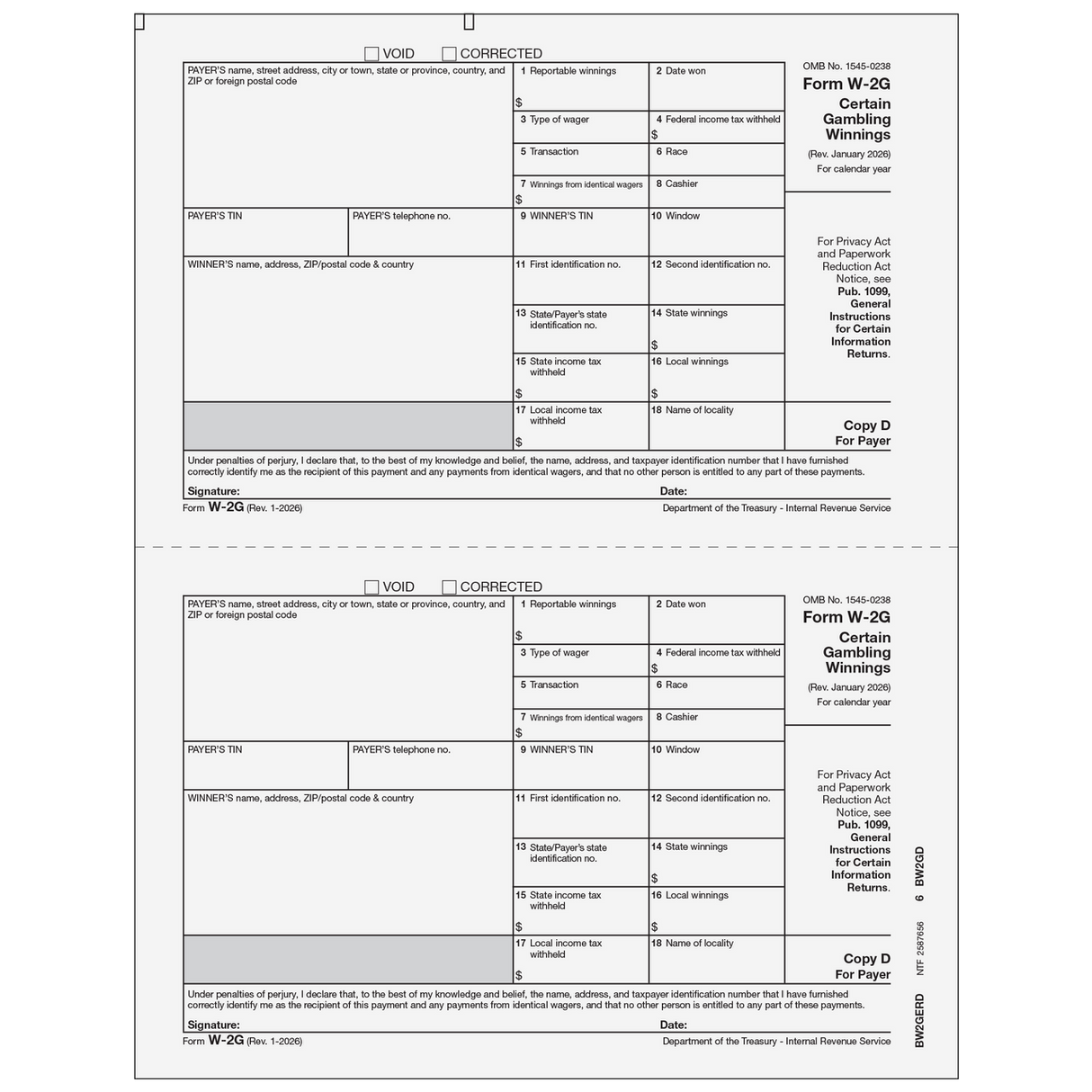 2026 W-2G Payer Record Copy D Forms