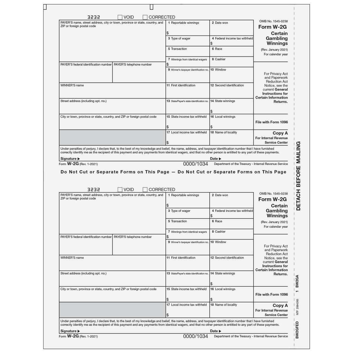 Form W-2G Certain Gambling Winnings, Federal IRS Copy A - 25 Qty