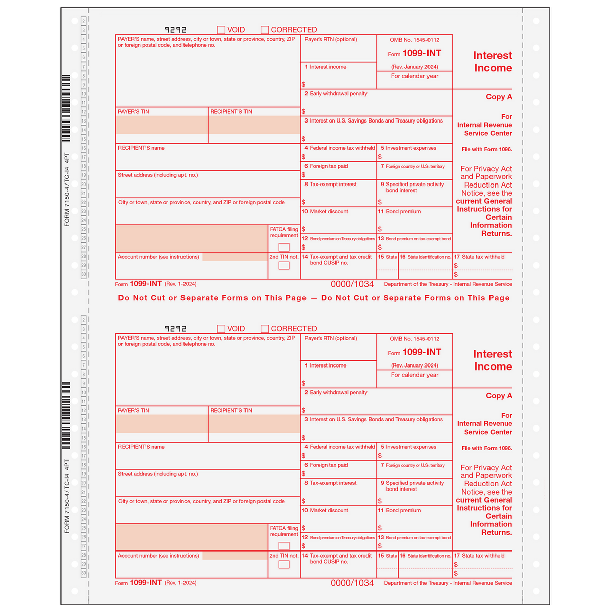 Form 1099-INT Interest Income 4-part (Carbonless)