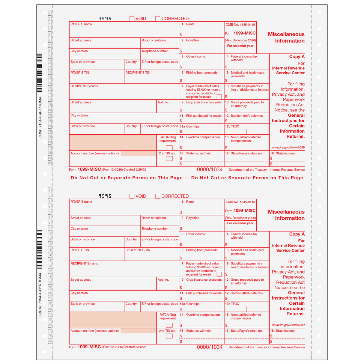 Form 1099-MISC Miscellaneous Information 4-Part Set (Carbonless)