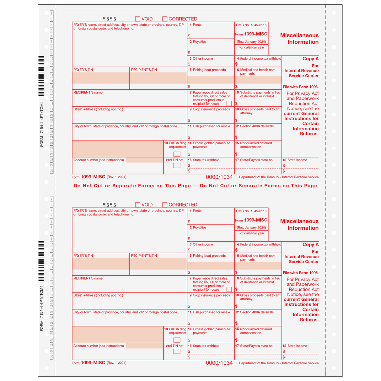 Form 1099-MISC Miscellaneous Information 4-Part Set (Carbonless)