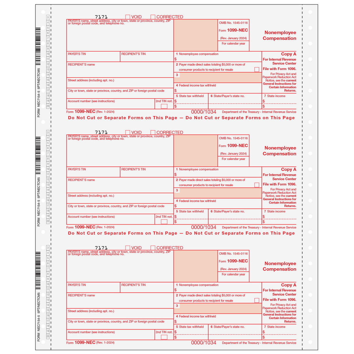 Form 1099-NEC Non-Employee Compensation, 5-Part (Carbonless)