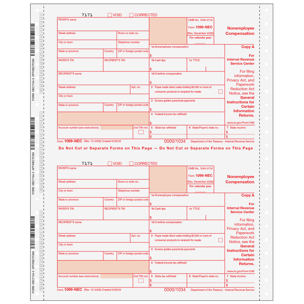 2026 1099-NEC 5-Part Carbonless Continuous Forms