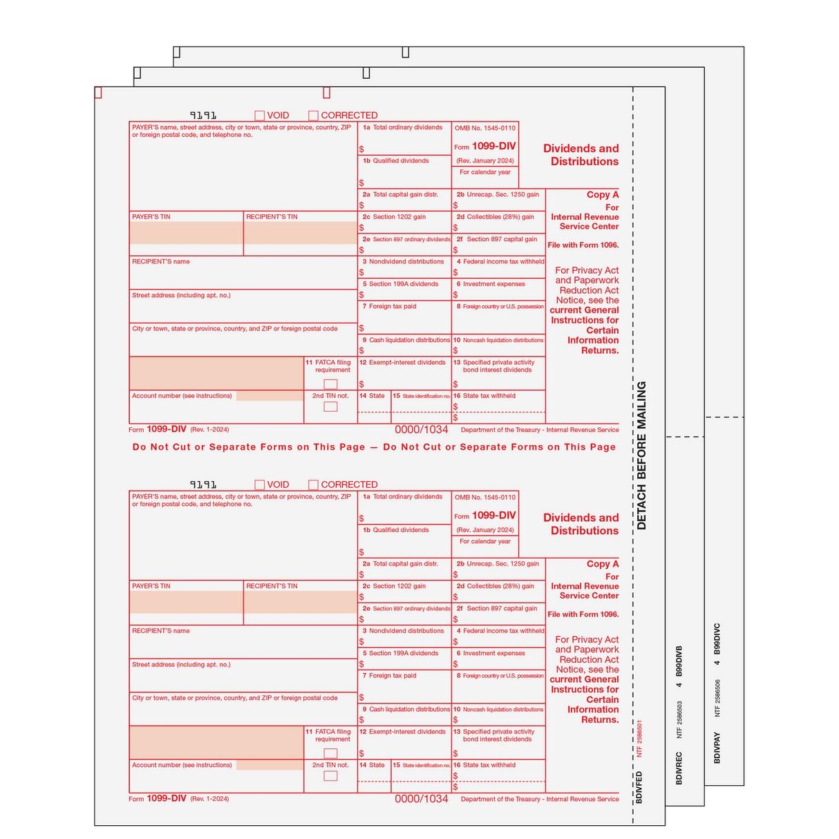 2026 1099-DIV Preprinted Set - 3 Part