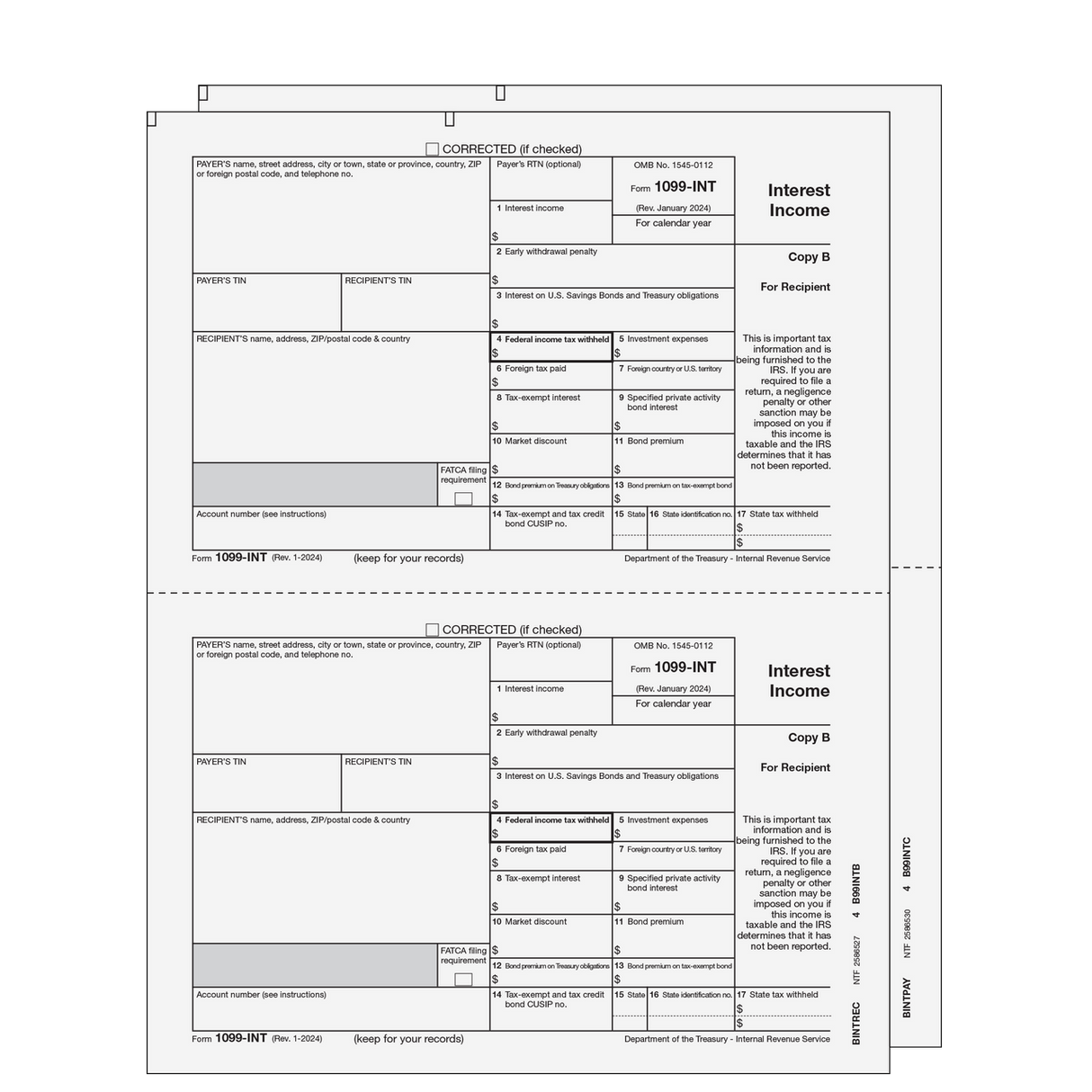 1099-INT Interest Income - 2-Part E-file Set (Preprinted)