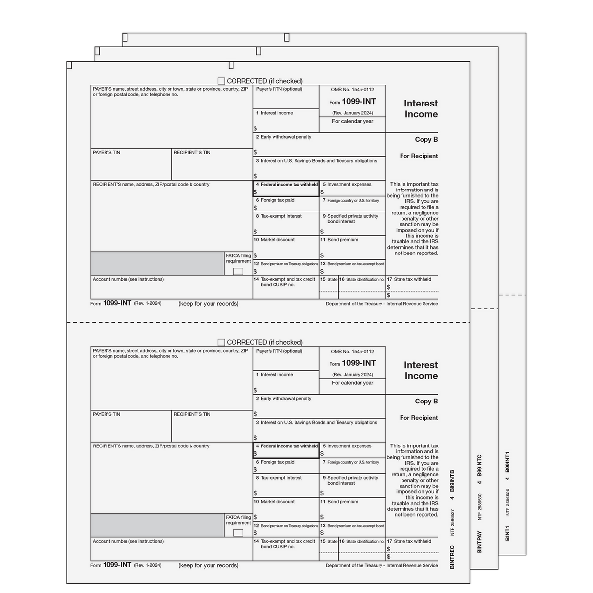 1099-INT Interest Income - 3-Part E-file Set (Preprinted)
