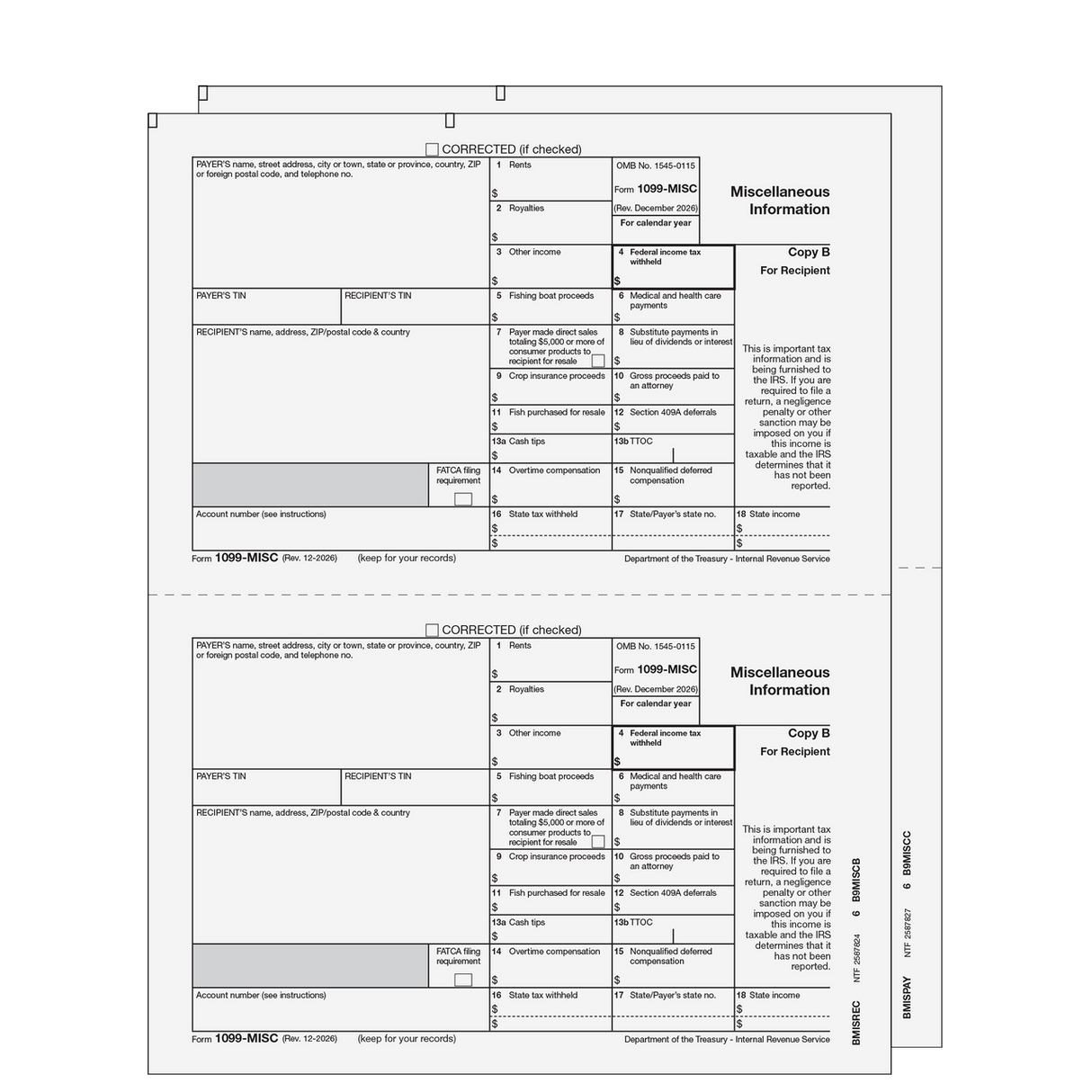 2026 1099-MISC Preprinted E-file Laser Set - 2 Part