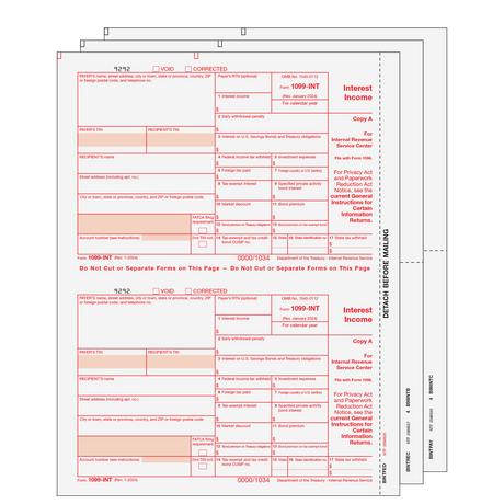 1099-INT Interest Income - 3-Part Set (Preprinted) - 25 Qty