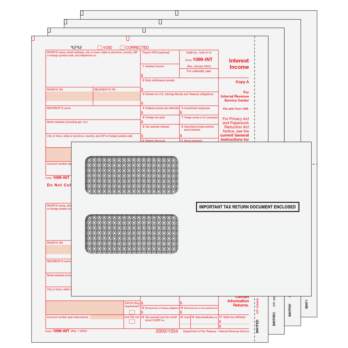 1099-INT Interest Income Preprinted 4-Part Kit (with Moisture Seal Envelopes) - 25 Qty