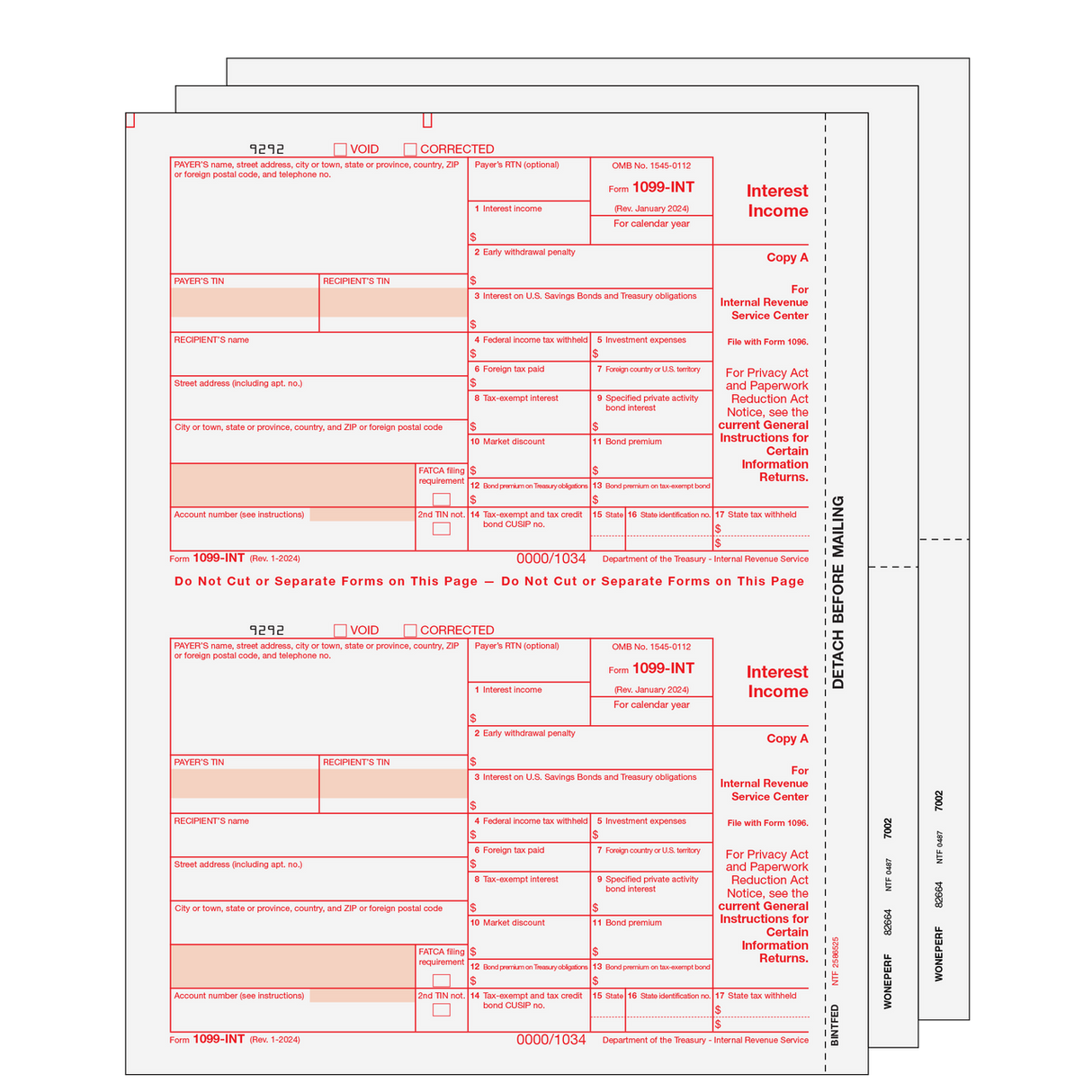 1099-INT Interest Income - 4/5-part Set (Blank Copies) - 25 Qty