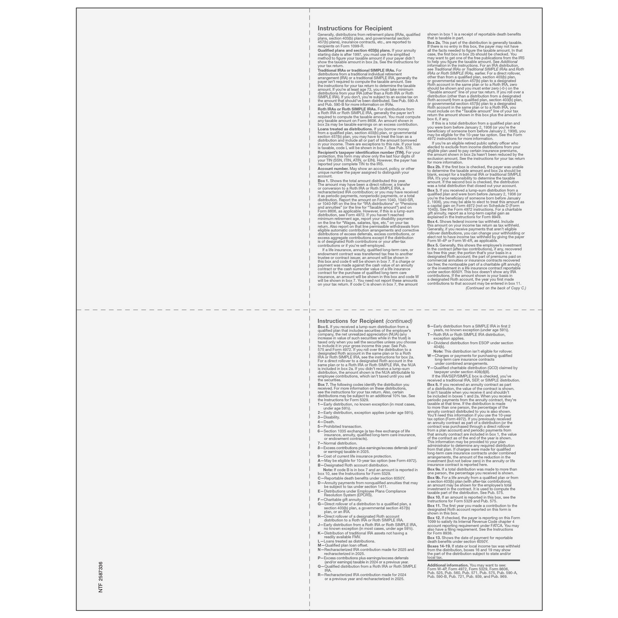 Form 1099-R Distributions From Pensions, etc. - Recipient Copy 4up Quadrant
