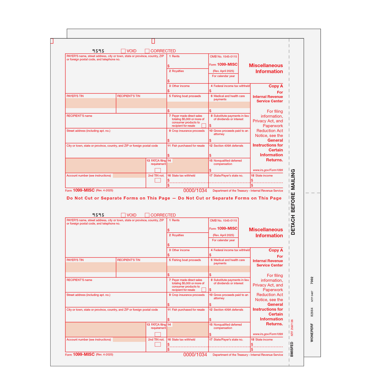 1099-MISC Miscellaneous Information 3-part Set (Blank Copies) - 25 Qty
