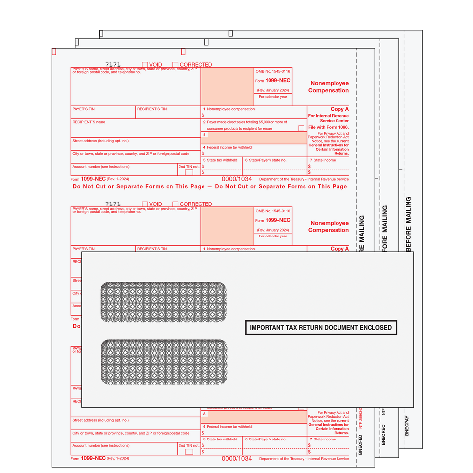 1099-NEC Non-Employee Compensation Preprinted 3-Part Kit (with Moisture Seal Envelopes) - 25 Qty