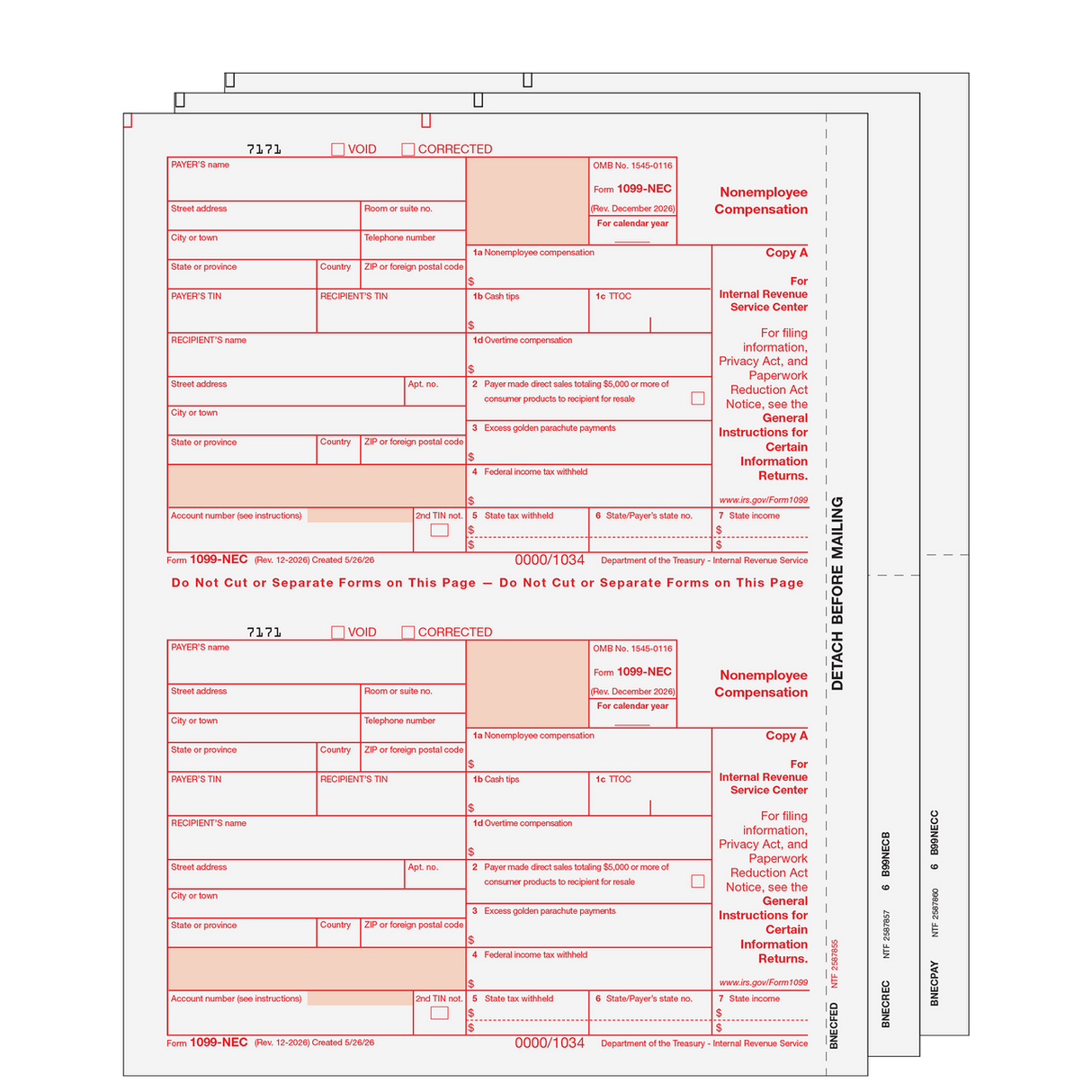 2026 1099-NEC Preprinted Set - 3 Part