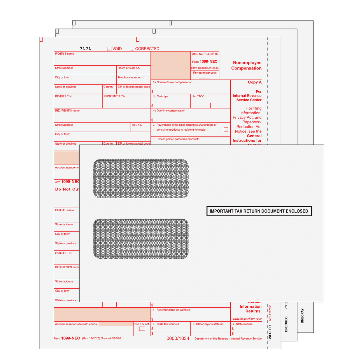 2026 1099-NEC Non-Employee Compensation Preprinted 3-Part Kit (with Moisture Seal Envelopes)