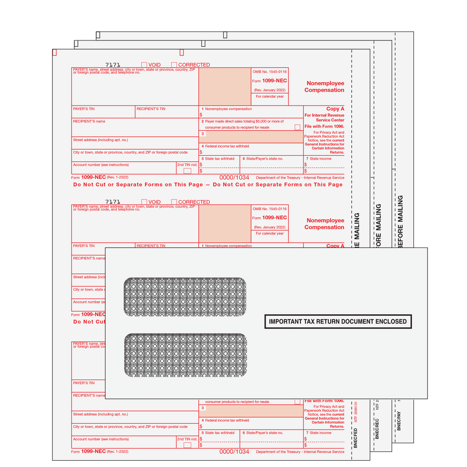 1099-NEC Non-Employee Compensation Preprinted 3-part Kit (with Tamper Evident Envelopes)- 25 Qty