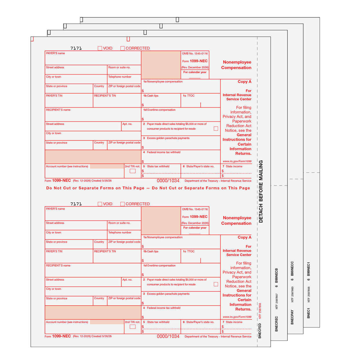 2026 1099-NEC 4-Part Preprinted Laser Set