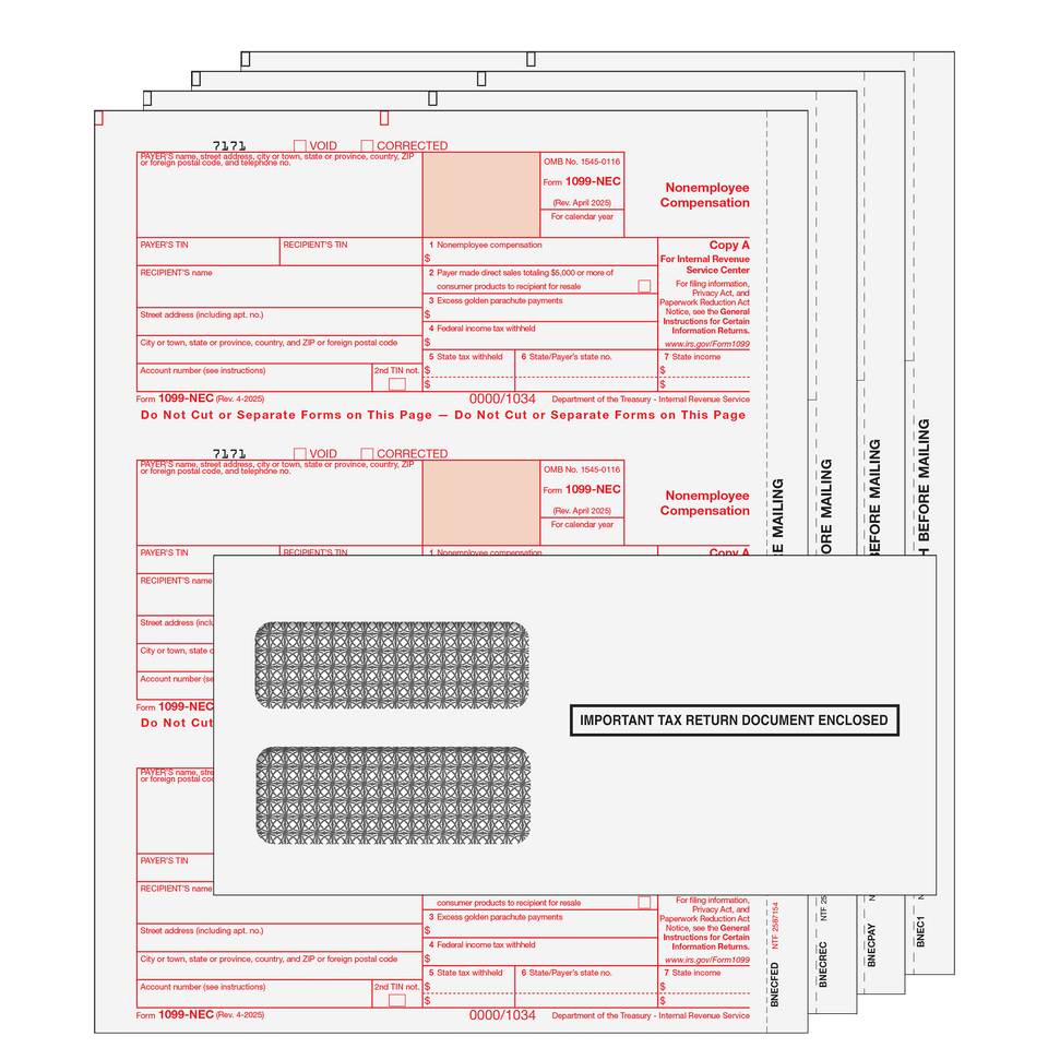 1099-NEC Preprinted 4-part Kit (with Self Seal Envelopes) - 25 Qty