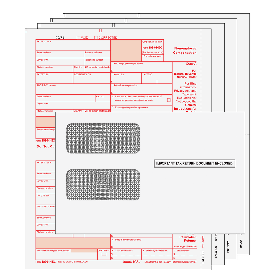 2026 1099-NEC Non-Employee Compensation Preprinted 4-Part Kit (with Moisture Seal Envelopes)