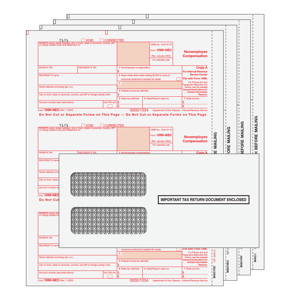 1099-NEC Non-Employee Compensation Preprinted 4-part Kit (with Tamper Evident Envelopes) - 25 Qty