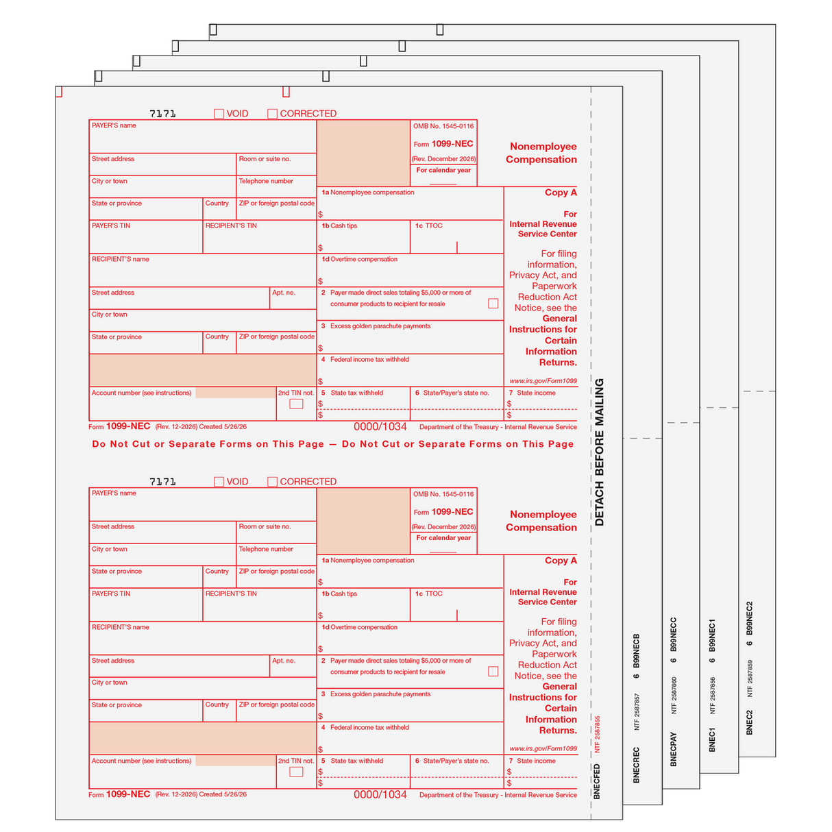 2026 1099-NEC 5-Part Preprinted Laser Set