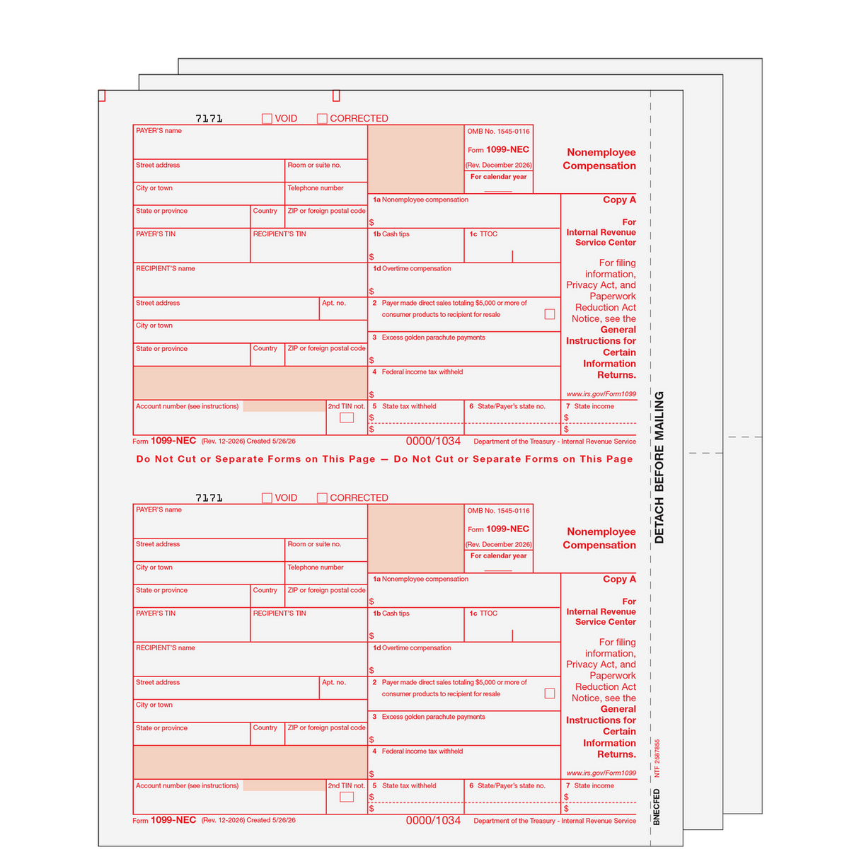 2026 1099-NEC 4-Part or 5-Part Blank Laser Set