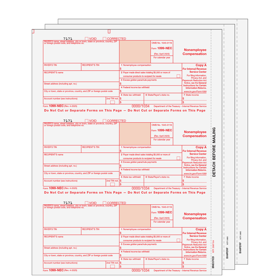 1099-NEC Non-Employee Compensation - 4/5-part Set (Blank Copies) - 25 Qty