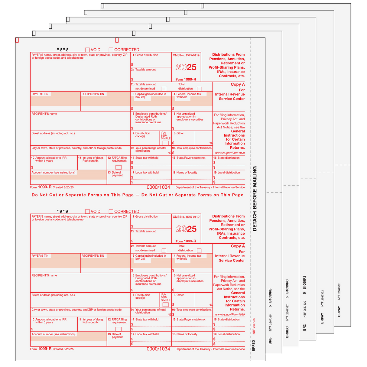 Form 1099-R Distributions From Pensions, etc. - 6-part Set (Preprinted) - 25 Qty