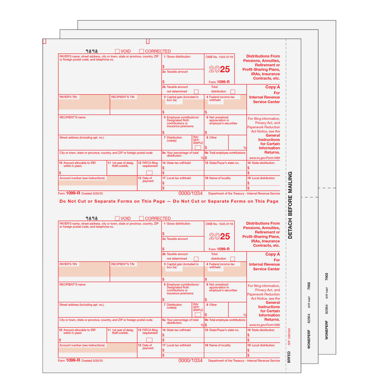 Form 1099-R Distributions From Pensions, etc. 4-part Set (Blank Copies) - 25 Qty