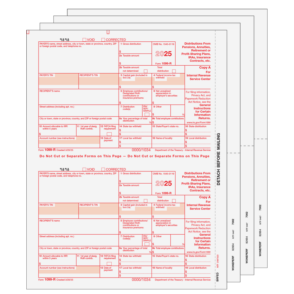 1099-R Distributions from Pensions, etc. - 6-part Set (Blank Copies) - 25 Qty