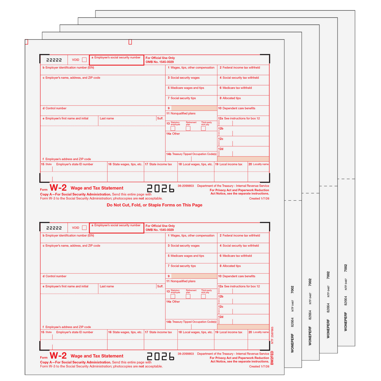 Traditional W-2 Form 8-Part Blank Laser Set with Instructions