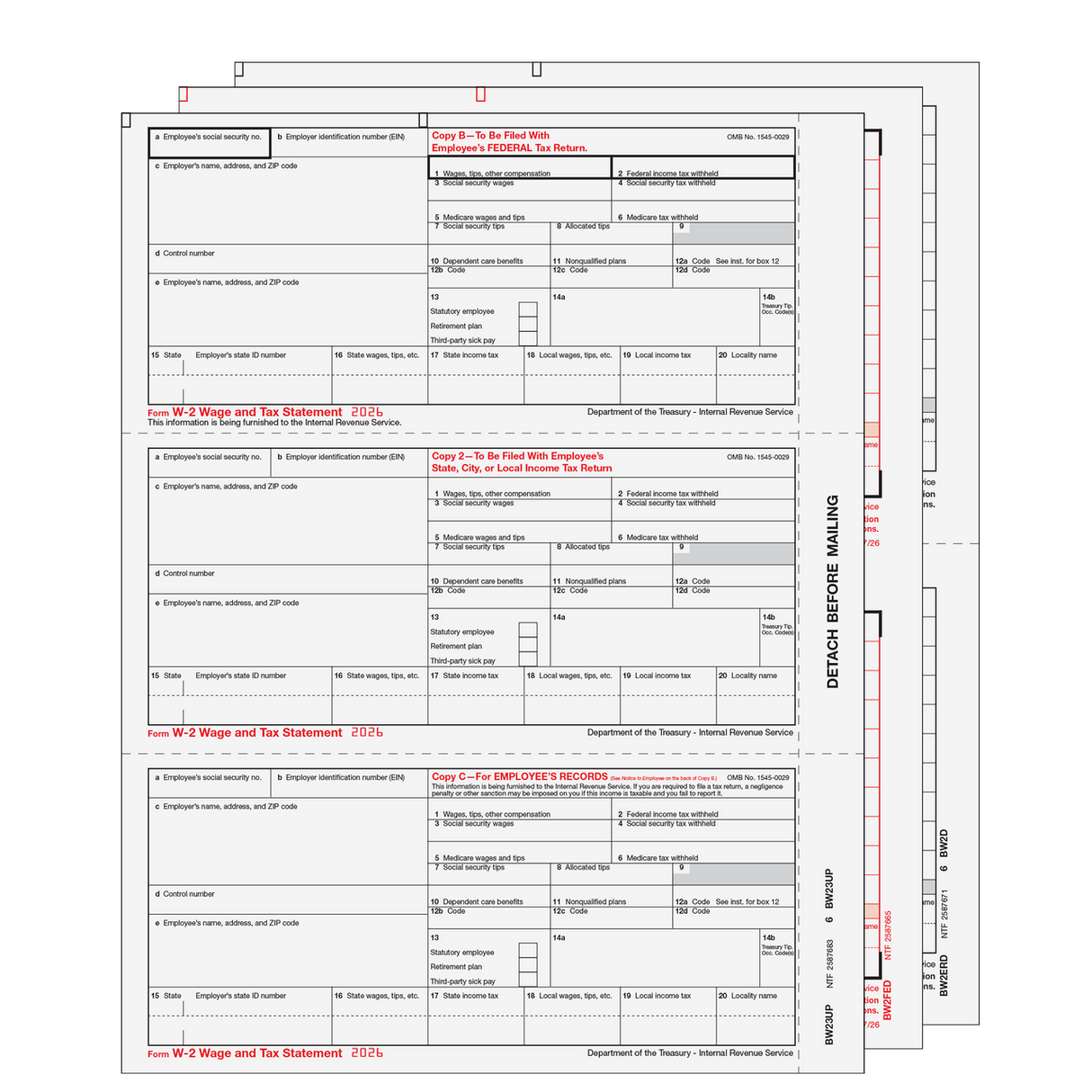 2026 W-2 Condensed 3-Up 4-Part Preprinted Laser Tax Form Set