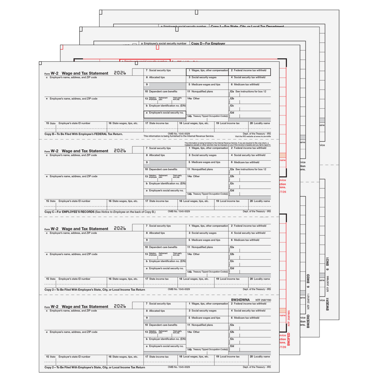 2026 4up Horizontal W-2 Form 6-part Set - (4up Employee Copies)