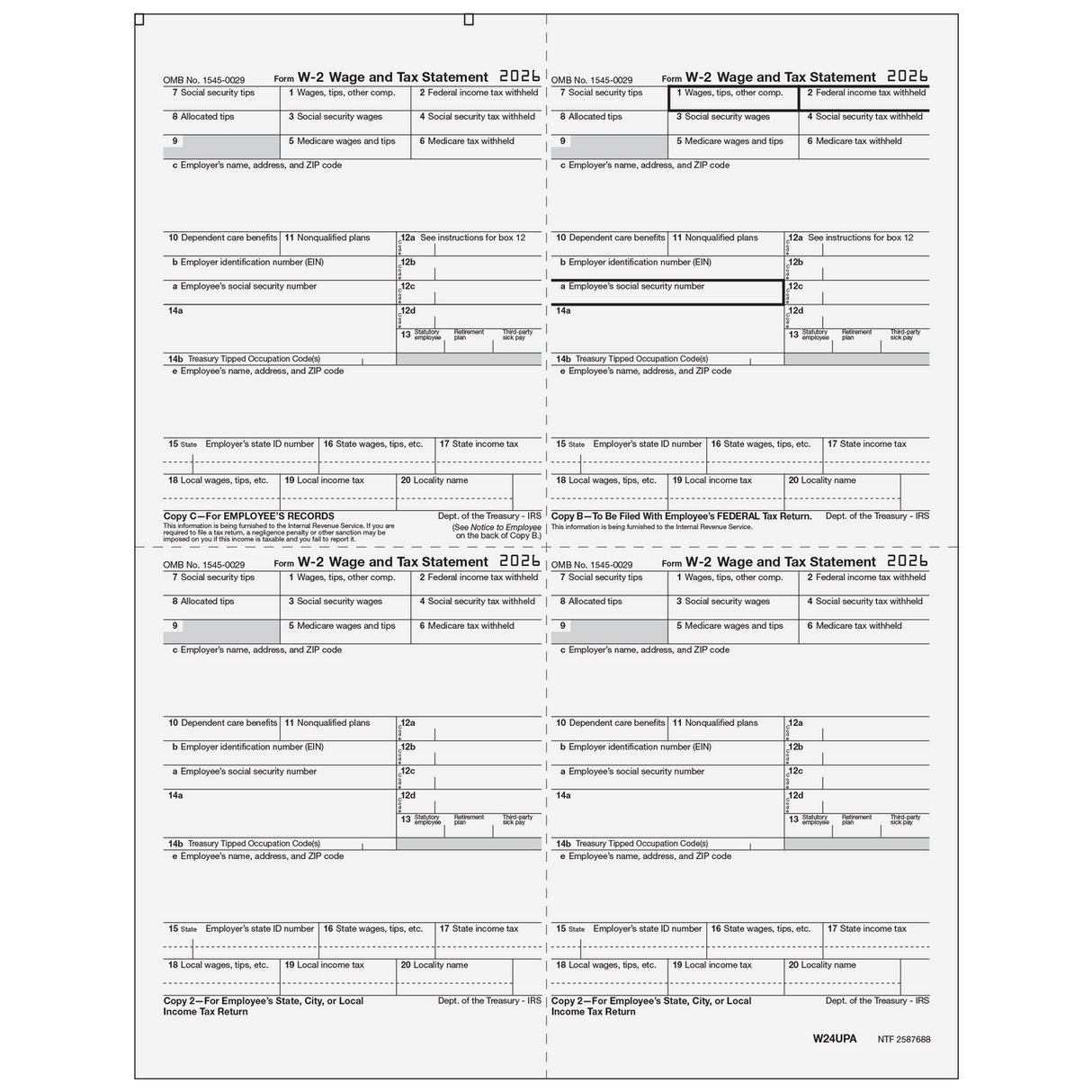 2026 W-2 Employee 4-Up Quadrant Copies C/B/2/2 Preprinted Laser Forms
