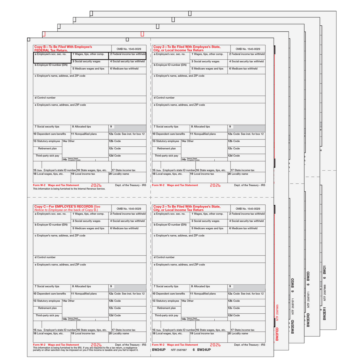 2026 W-2 Condensed 4-Up Quadrant 8-Part Preprinted Laser Tax Form Set