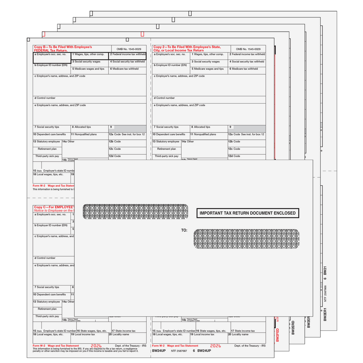 2026 W-2 4-Up Quadrant 8-Part Laser Tax Form Kit with Self Seal Envelopes