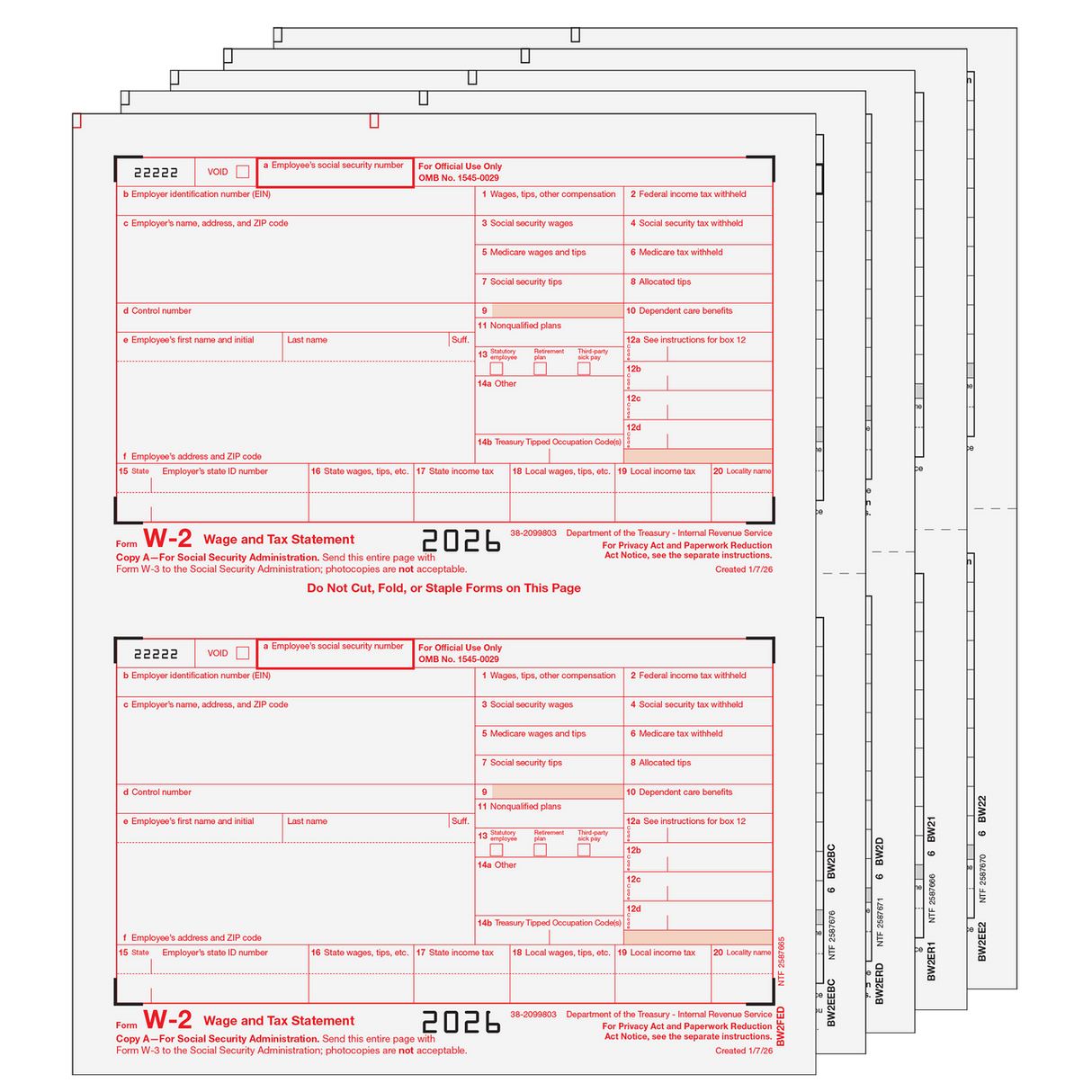 2026 W-2 Condensed 2-Up 6-Part Preprinted Laser Tax Form Set